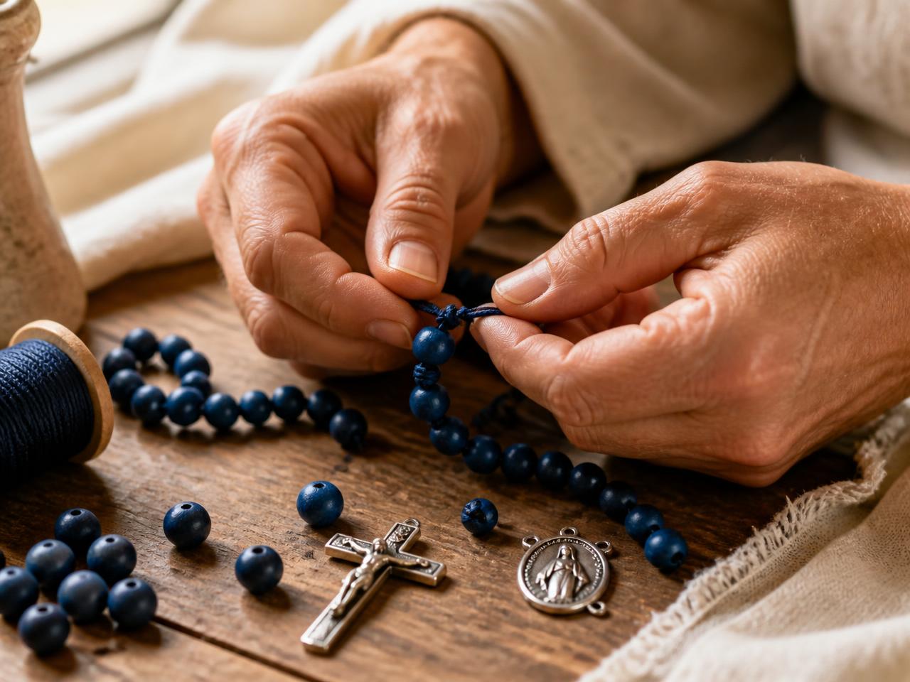 Hands knotting a handmade rosary at a workbench