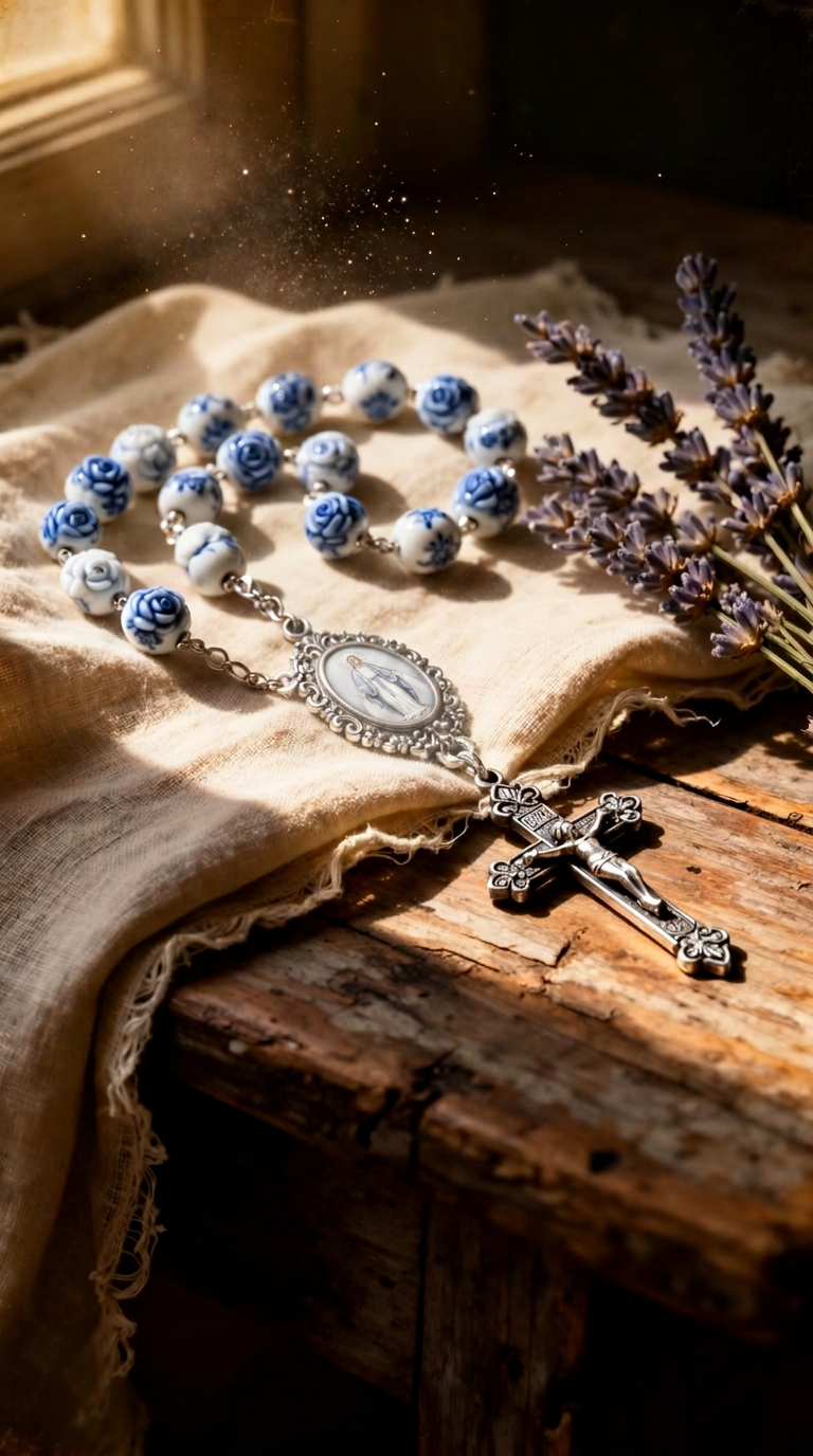 Handmade Marian rosary with blue and white floral beads on aged linen