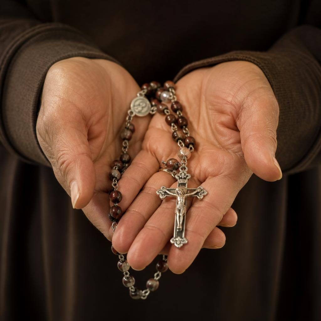 A finished handmade rosary resting in open hands