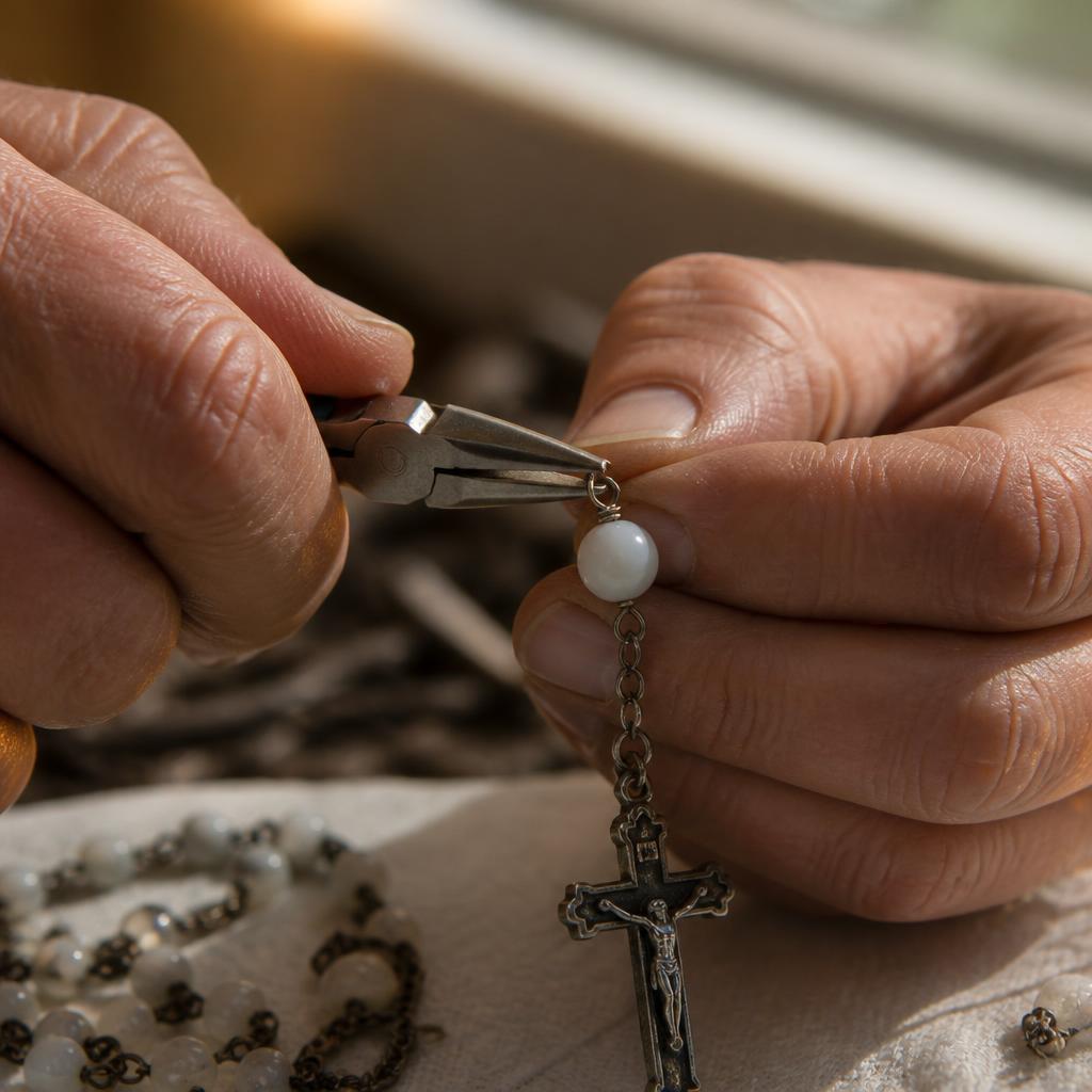 Close-up of hands using small jewelry pliers to form a wire loop on a single rosary bead