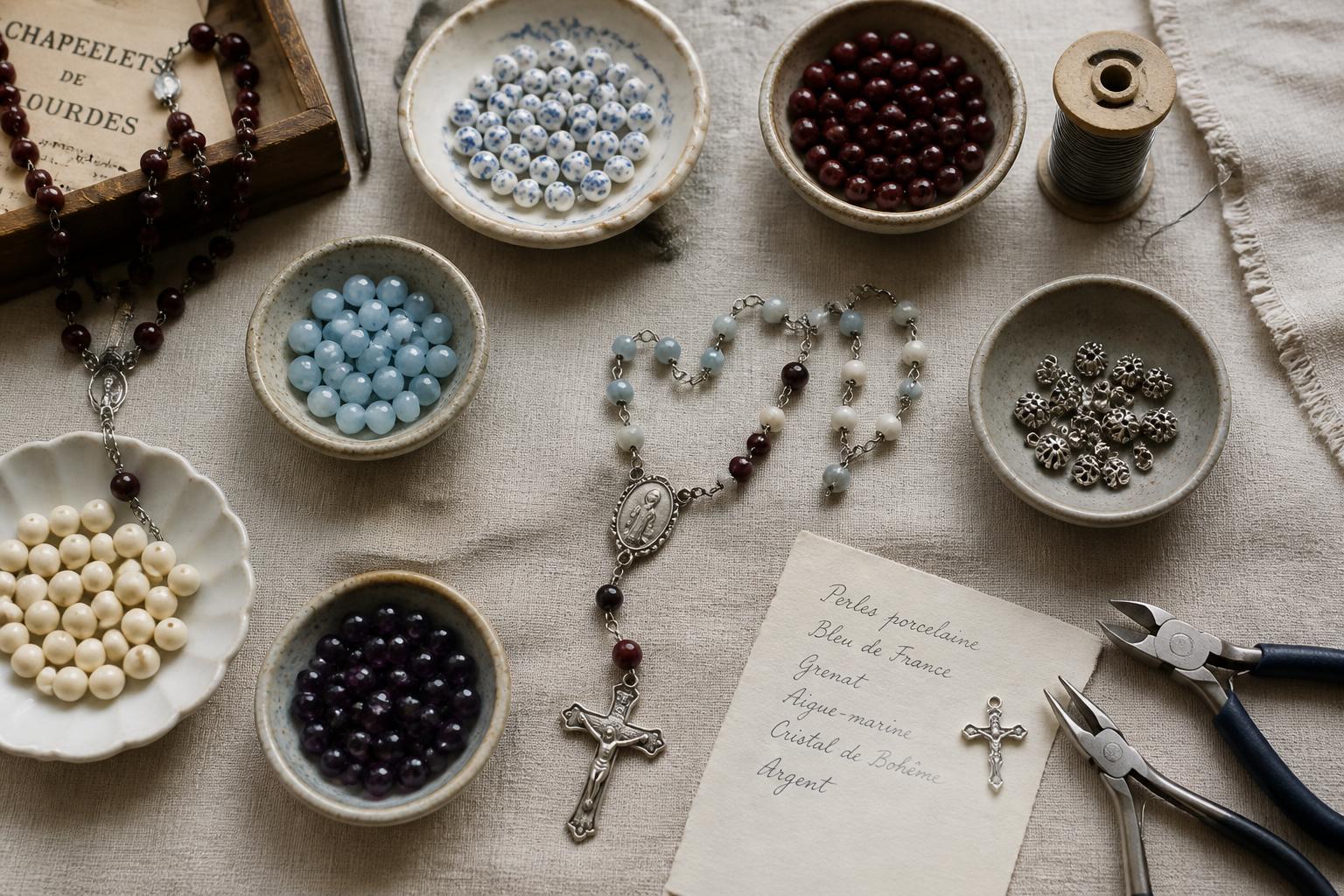 A flat lay of the rosary maker's workbench: small ceramic dishes of porcelain, aquamarine, garnet, and freshwater pearl beads, jewelry pliers, wire spool, and a partially built rosary